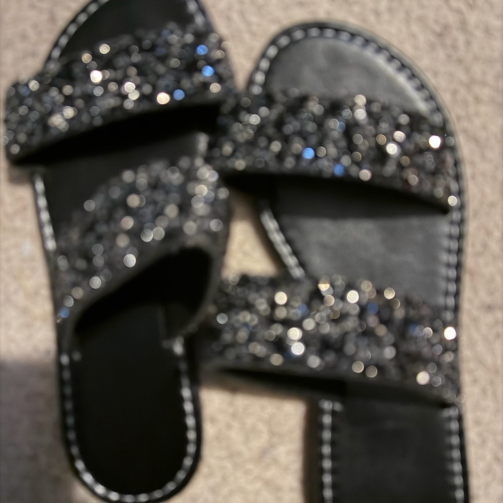 SHEIN Black Jeweled Slide Sandals